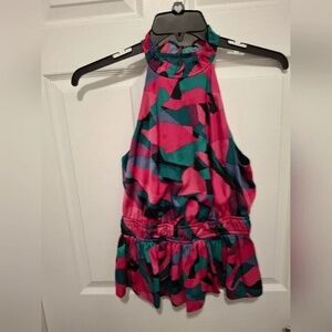 🍂3/$15 Nine West Small Pink‎ Teal Halter Pleated Colorful Peplum Top